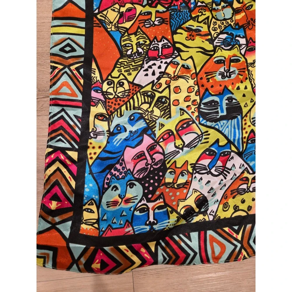 Colorful Maximalist Cat Print Satin Square Scarf Multi Geometric Border 35x35
